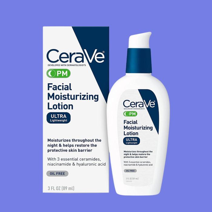CeraVe PM Facial Moisturizing Lotion in its packaging, with 3 fl oz (89 ml) bottle. Key ingredients include ceramides, niacinamide, and hyaluronic acid.