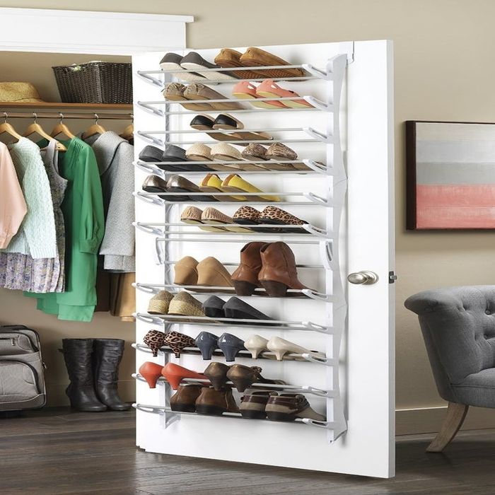 Shelves inside the door that can be adjusted to hold up to 36 pairs of shoes
