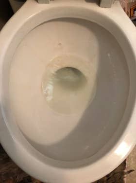 The same toilet bowl, now spotless and looking like new after cleaning.