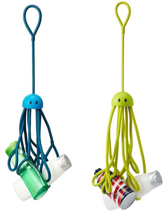 Two shower squids in different colors, holding various tubes and bottles