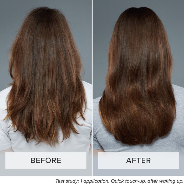 Before/after comparison showing a model’s hair: messy and unruly on the left, sleek and glossy on the right
