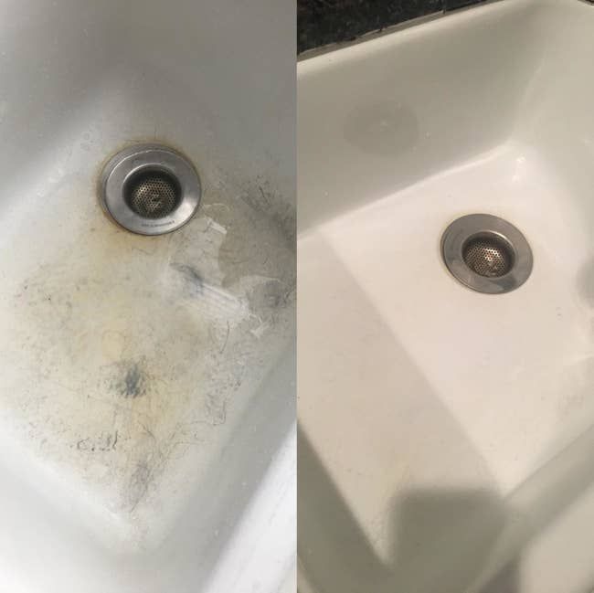 A before/after shot of a reviewer's sink: the left shows scratches and scuffs, while the right looks almost brand new and clean.