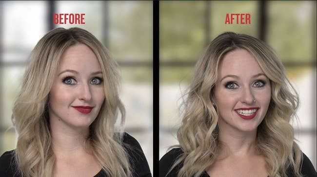 A model showcasing wavy-straight hair before and voluminous, wavy-curly hair after using the product