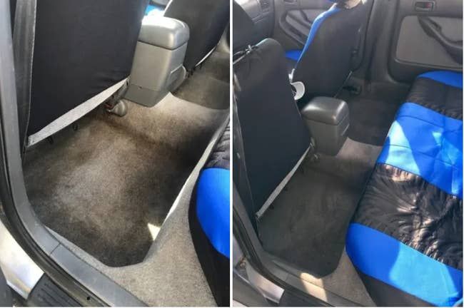 A reviewer’s car carpets looking brown and stained before, and looking like new—back to their original black color afterward