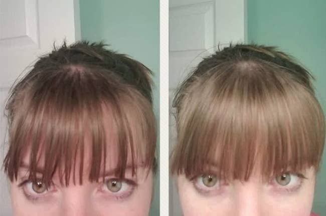 A split before-and-after image: the left shows a reviewer’s oily bangs, while the right reveals fresh, revitalized bangs after using the product