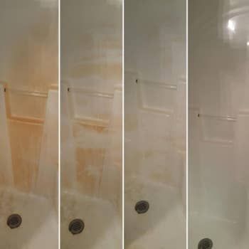 A series of photos showing how Iron Out spray effectively removes rust stains from a shower wall.