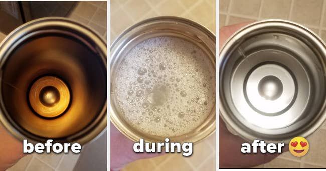 A before photo showing a stained travel mug, a during shot with bubbles, and an after shot of the same mug looking shiny and spotless.
