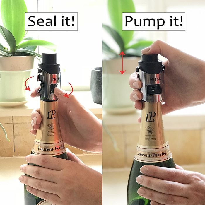 on the left, a sleek stainless-steel and black stopper labeled "seal it" and on the right, a hand pressing down labeled "pump it"