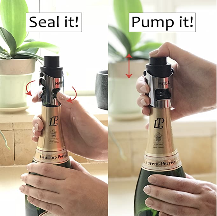A person securing the stopper on a sparkling wine bottle