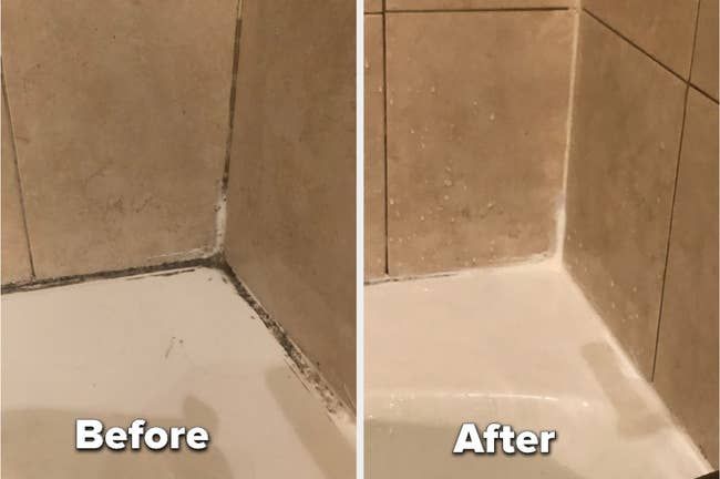 Mytour Shopping editor shares a before-and-after of a moldy shower corner, showing it nearly free of mold after using the remover.
