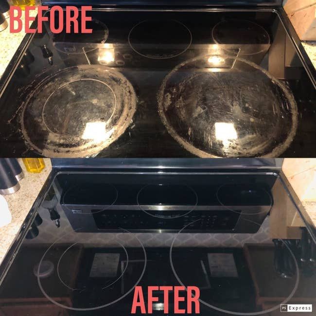 Before-and-after photos showing a dirty, corroded-looking electric cooktop, followed by a fresh, clean surface after using the Cerama-Bryte kit.