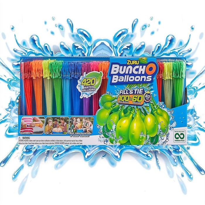 Packaging showcasing multi-colored rapid-fill water balloons