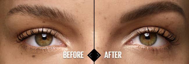 a model with one natural eyebrow and the other filled in and shaped