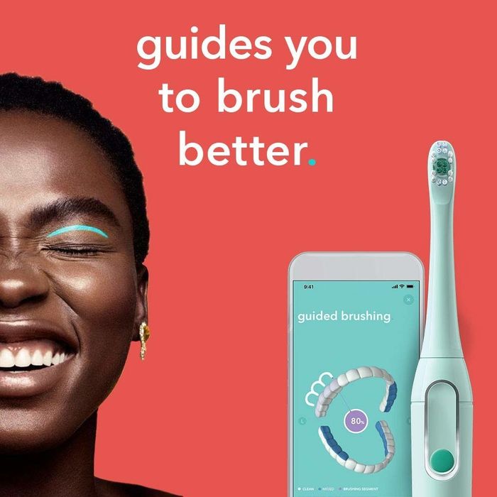 The teal toothbrush with a phone displaying the app and the text 'guides you to brush better'