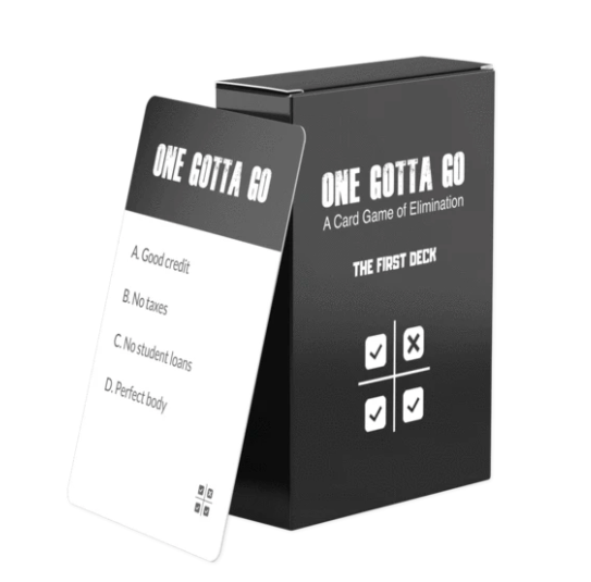 Deck of cards, with one card asking: One Gotta Go: A. Good Credit, B. No Taxes, C. No Student Loans, D. Perfect Body.