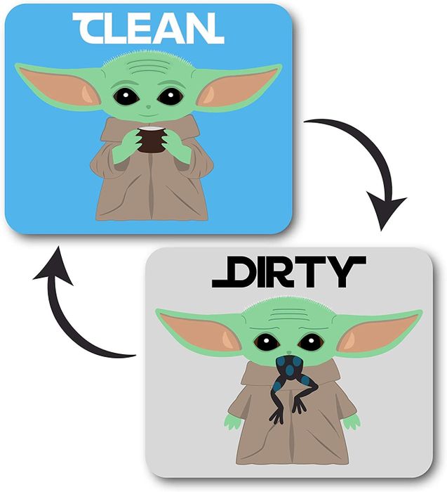 A reversible magnet – one side features Baby Yoda holding a mug with the word