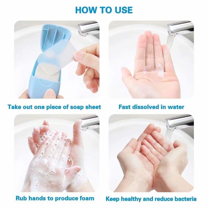 A series of images showing small soap sheets in a container, with a model taking them out, holding their hands under running water, and lathering them