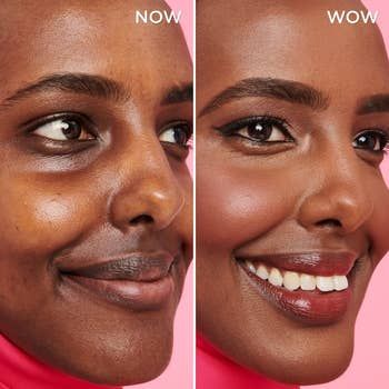 a model showing their complexion before and after applying the spray