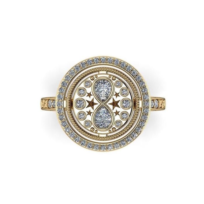 A detailed closeup of the round ring showcasing pave diamonds and an hourglass design at its center