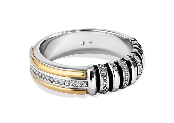 A gold and silver ring adorned with shapes inspired by a lightsaber hilt and accented with white diamonds