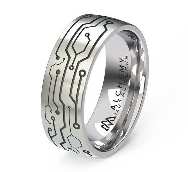 A silver band intricately designed to resemble a circuit board.