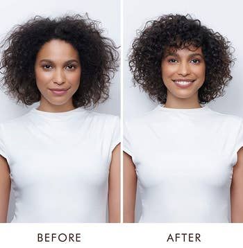 A model’s hair before and after using the cream, showcasing a stunning transformation to more defined, voluminous curls