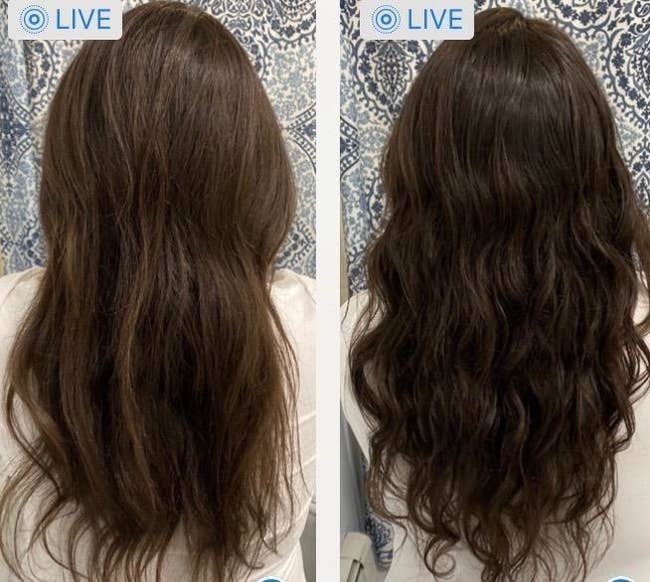 A reviewer’s hair with subtle highlights compared to the after photo, where their hair appears richer and darker brown