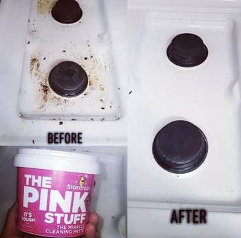 A customer review showing before and after photos of The Pink Stuff's results on their stovetop.
