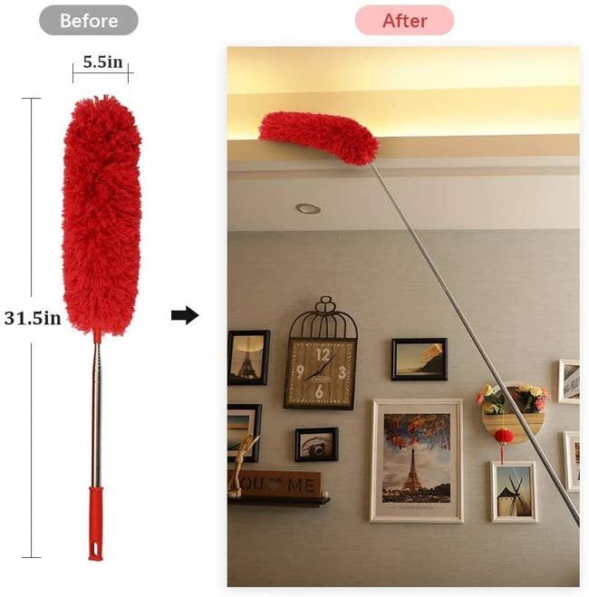 This duster is 31.5 inches when collapsed but extends to reach all the way up to your ceiling, making it perfect for dusting high-up areas.