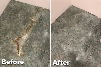 On the left: a tile floor with a noticeable stain, and on the right: the same floor, now spotless after cleaning.