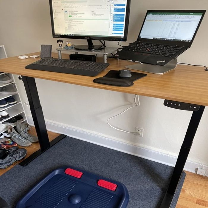 The desk adjusted to standing height
