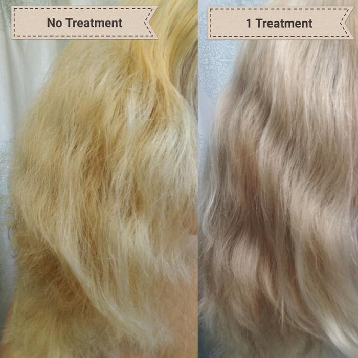 A reviewer displays their hair before and after using the product, highlighting the transformation.