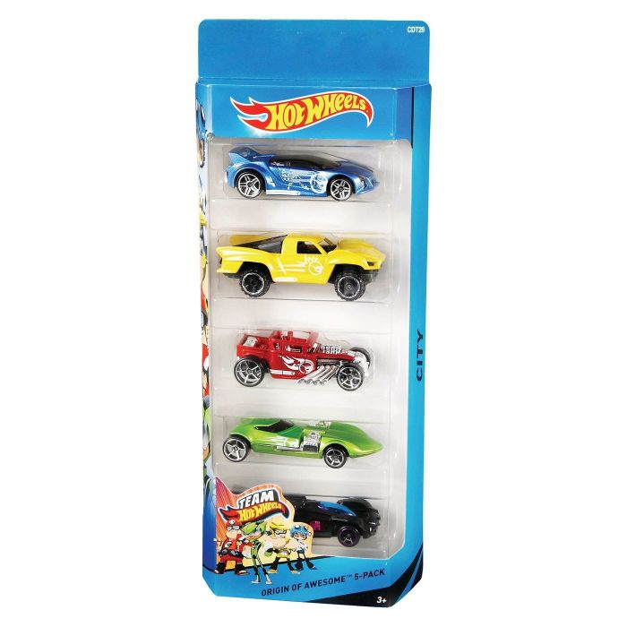 A four-pack of colorful Hot Wheels cars.