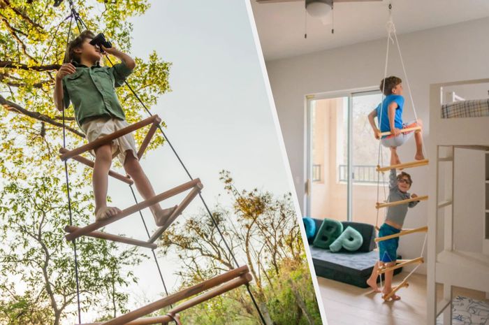 Split image showing kids playing on a triangular rope ladder both outdoors and indoors