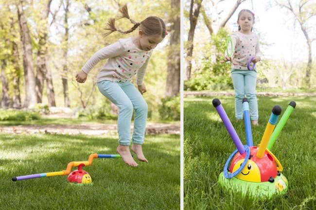 A child playing the game, jumping over the pole and enjoying the ring toss.