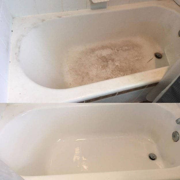 Top: A review photo of a dirty, stained tub. Bottom: The after shot of the same tub, now sparkling clean and white.