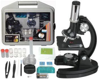 The microscope with its carrying case and accessories