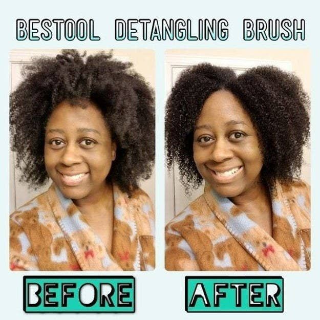 A reviewer’s photo showing frizzy curls before and smooth, defined curls after using the brush