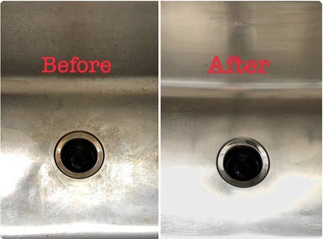 A stainless steel sink with staining, as shown in a reviewer's image, with the word