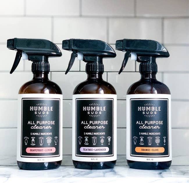 Three bottles of all-purpose cleaner, each with a different refreshing scent.