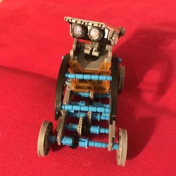A fully assembled robot built by the reviewer from the kit, ready to show off its moves.