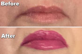 Before-and-after close-up of the reviewer applying the product.