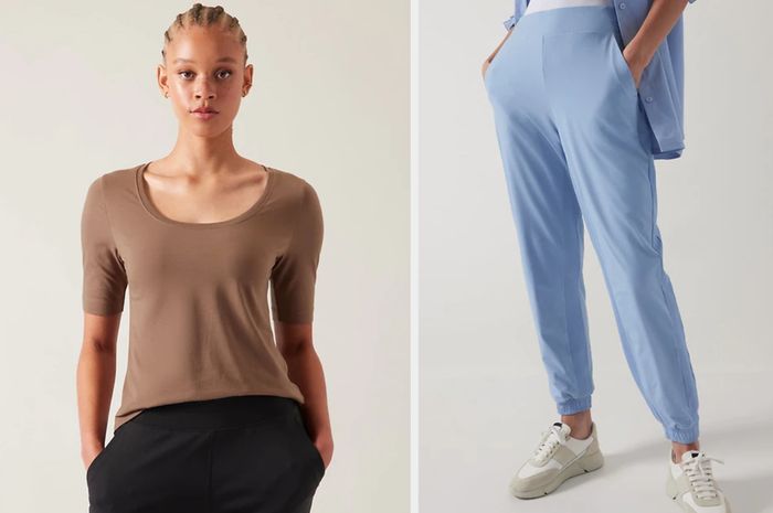 A model in a brown scoop-neck three-quarter sleeve top and black bottoms poses against a gray background, while another model wears light blue joggers and cream-and-white sneakers in front of a gray backdrop.