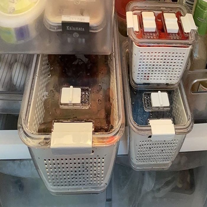 A reviewer's white containers shown neatly organized in a fridge.