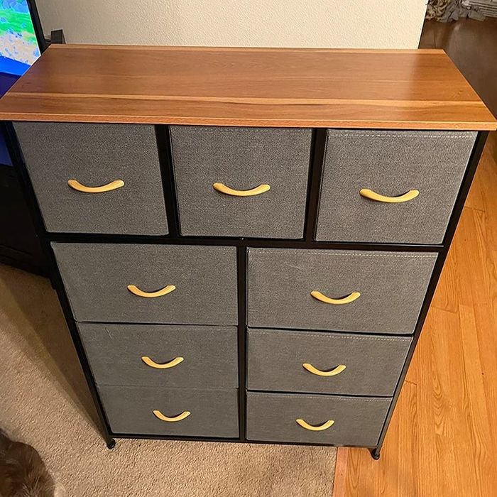 A reviewer’s photo showcasing the gray fabric drawers in their space