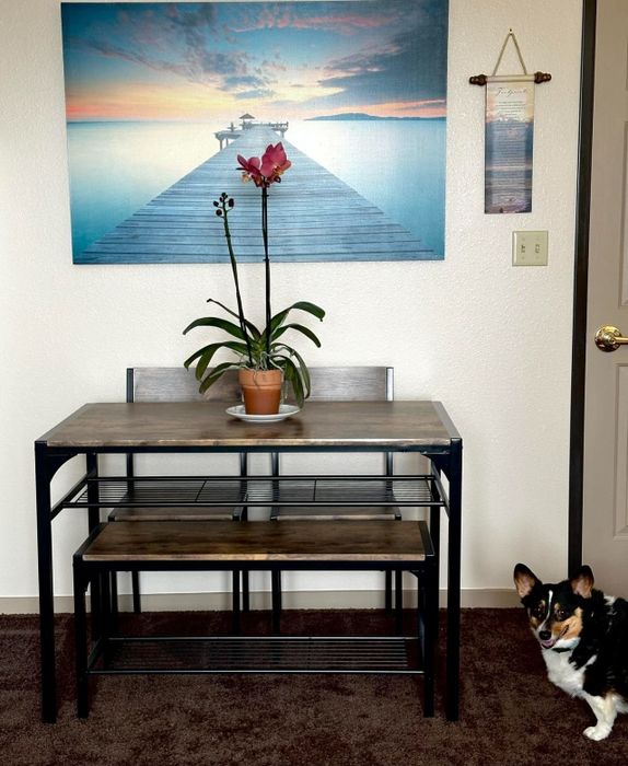 A reviewer's photo of the dining table and chairs set set up in a dining room