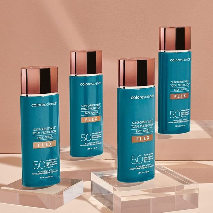 Blue containers of the Colorescience SPF 50 formula lined up together