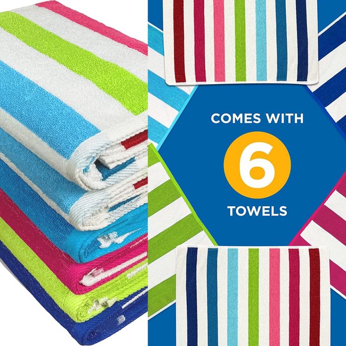 Split image of stacked and folded striped beach towels, with all six towels arranged around a hexagon to display the patterns
