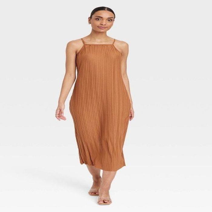 Model showcasing the brown dress