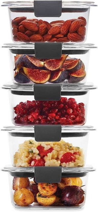 A stack of 10 clear containers, each filled with different foods